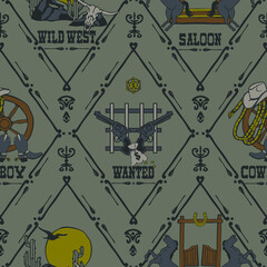 Seamless vector pattern with wild west logos on grey background. Decorative western wallpaper design. Geometric wanted poster fashion textile.