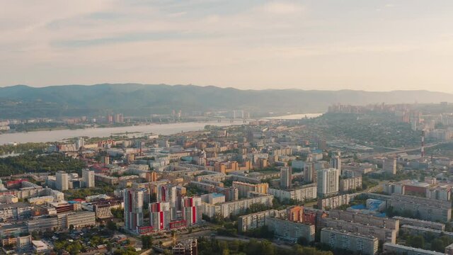 General view of Krasnoyarsk taken by drone Communal bridge of Krasnoyarsk The river Yenisei Russia Siberia Krasnoyarskiy Kray Krasnoyarsk