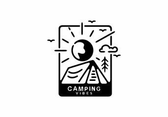 Black line art illustration of camping badge in unique rectangle shape