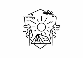 Black line art illustration of camping badge in shield shape