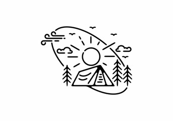 Black line art illustration of camping badge in tilted oval shape