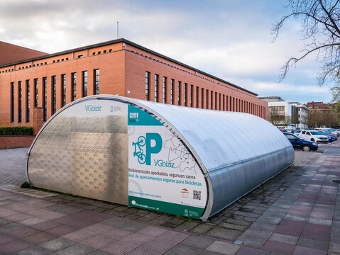 Vitoria-Gasteiz, Basque Country, Spain - April 4, 2019: View of a public bicycle garage/container at the university