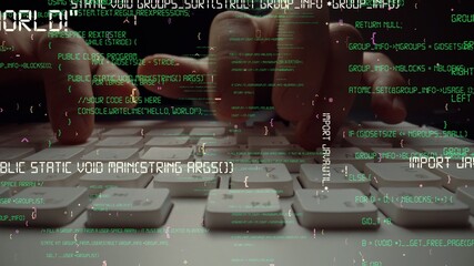 Creative visual of computer programming coding and software development shown by man working on computer keyboard with overlay of computer graphic displaying abstract program codes and computer script