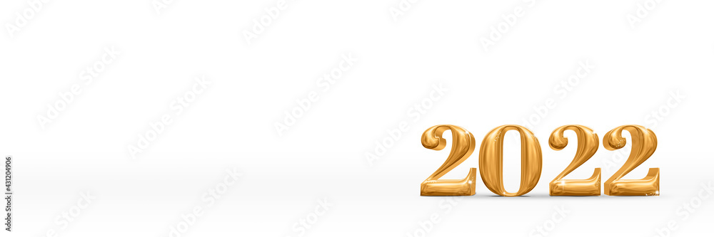 Aufkleber 2022 happy new year golden number (3d rendering) on white studio room,holiday card,leave space for a