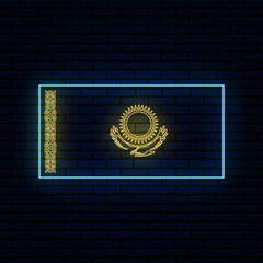 Neon sign in the form of the flag of Kazakhstan. Against the background of a brick wall with a shadow. for the design of tourist or patriotic themes. blue yellow colors.