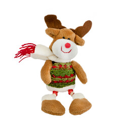 A toy deer with a scarf. Soft children's Christmas toy. Plush fawn. Cheerful smiling deer.