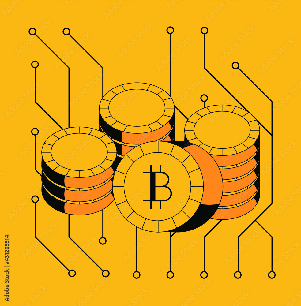 Poster bitcoin coins and electronic scheme in cartoon style.