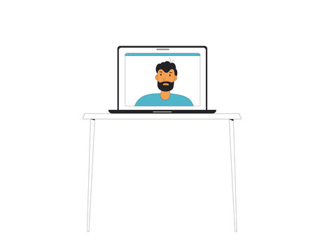 Laptop with man on the sceen. Online video call. Remote work.