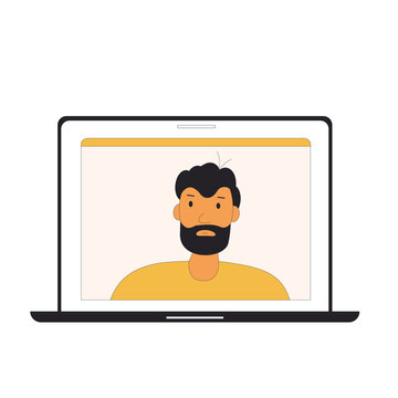 Laptop with man on the sceen. Online video call. Remote work.