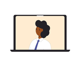 Laptop with man on the sceen. Online video call. Remote work.