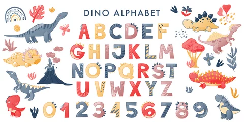  Cartoon cute Dinosaur alphabet. Dino font with letters and numbers. Children Vector illustration for t-shirts, cards, posters, birthday party events, paper design, kids and nursery design © Tatiana Sidenko