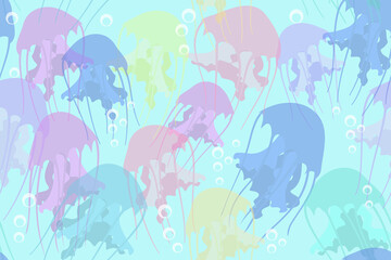 transparent multicolored jellyfish in blue water with air bubbles, seamless vector pattern © ReflectedCrafts