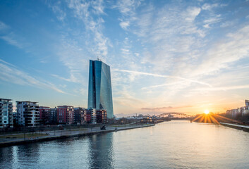 Frankfurt am Main, Germany, morning sunrise city skyline with European Central Bank building