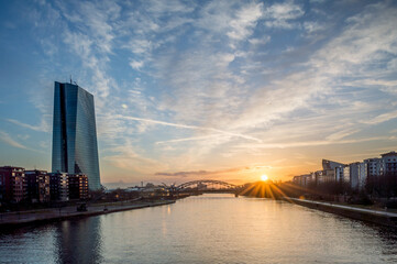 Fototapeta premium Frankfurt am Main, Germany, morning sunrise city skyline with European Central Bank building