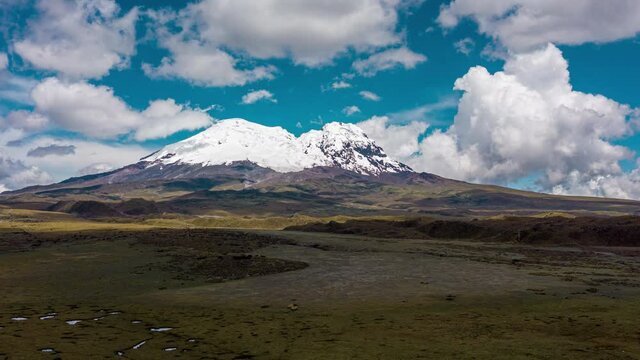 Landscape Hyperlapse of the Antisana Glacier volcano with clouds, blues sky, snow, and paramo in the Andes of Ecuador South America with a drone 