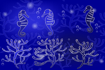 luxury navy blue and silver seahorses on dark background - vector pattern