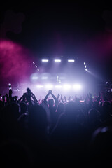 Vertical shot of a cheering crowd dancing with raised hands in a party in front of a bright stage - obrazy, fototapety, plakaty