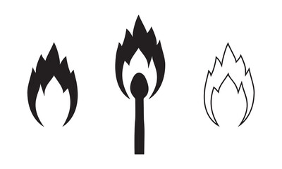 Burning match. Fire. Set of isolated black vector icons isolated on white background.