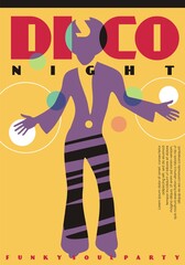 Disco party pop art style poster design. Dancing and music contemporary colorful flyer or banner concept with dancing man. Funky soul and disco music event vector illustration.