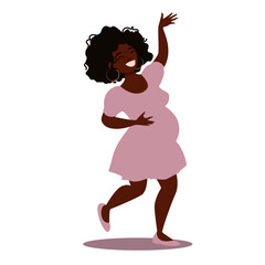 Happy dancing black pregnant woman. Pretty future mother is full of joy anticipating her baby. Vector illustration isolated on white background.