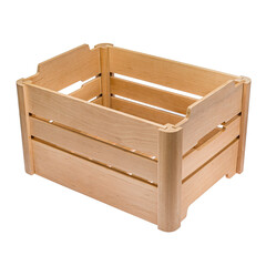 A brown wooden box for storing and transporting goods and products. White isolated background