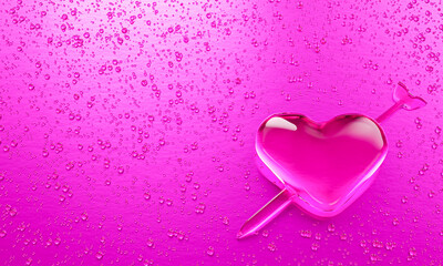 Water droplets in the shape of heart with Arrow embroidered in the meaning of love. A lot of droplets On metallic surfaces in pink and dark pink shades for mobile background or wallpaper.3D Rendering.