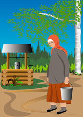 An old woman with a bucket goes to the well for water, against the backdrop of a green forest and birch. 