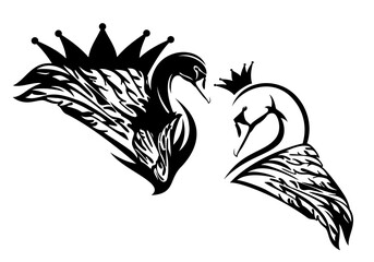 elegant princess swan bird profile head with bent neck, wing and royal crown black and white vector design set