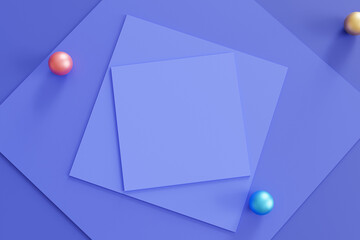 Abstract geometric blue background with square shaped paper cards and colorful spheres. 3d rendering illustration.