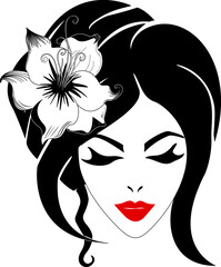 Beautiful women with red lips and lily in the hair.