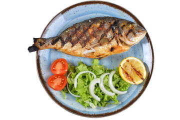 grilled bream and vegetables. It is served with various sauces. white background top view. grilled fish plate