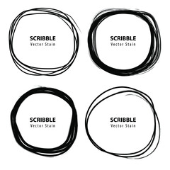 Set of black hand drawn scribble frames. Doodle style sketched design elements for round border frame, logo, labels,  badges, notes. Vector grunge brushes stroke. Isolated