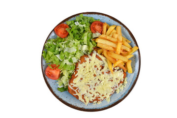 Traditional Italian veal Milanese schnitzel and fried potatoes and salad top view white background.