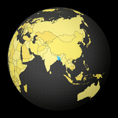Bangladesh on dark globe with yellow world map. Country highlighted with blue color. Satellite world projection centered to Bangladesh. Neat vector illustration.