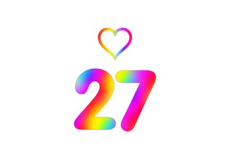 27th birthday card illustration with multicolored numbers isolated in white background.