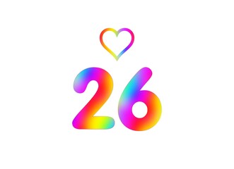 26th birthday card illustration with multicolored numbers isolated in white background.