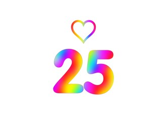 25th birthday card illustration with multicolored numbers isolated in white background.