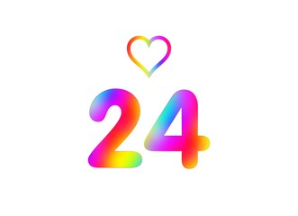 24th birthday card illustration with multicolored numbers isolated in white background.