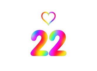 22nd birthday card illustration with multicolored numbers isolated in white background.