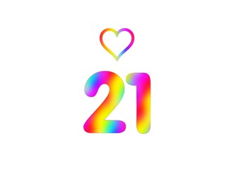 21st birthday card illustration with multicolored numbers isolated in white background.