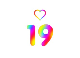 19th birthday card illustration with multicolored numbers isolated in white background.