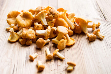 Fresh chanterelle mushrooms closeup on an old wooden surface, closeup, soft selective focus. Summer mushroom harvest
