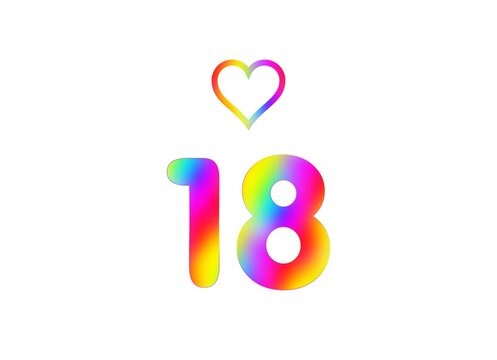18th birthday card illustration with multicolored numbers isolated in white background.