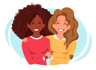 Lesbian couple. Womens hugging. LGBT concept. Multicultural couple. Vector illustration.