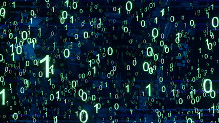 Green digital bits composed by binary code 0 and 1 are scattered randomly in the cyberspace on an abstract dark blue background (3d render)