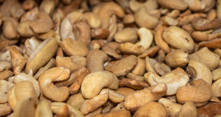 Close up of roasted salted cashew nuts