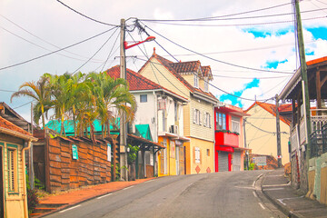Street with colorful Caribbean houses (Trois-Îlets, Martinique, France)
