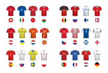 European football tournament 2020. Set of national t-shirts and flags of football teams Euro 2020 on white backround.