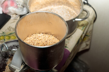 malt is poured into the mill for grinding, preparation for brewing beer