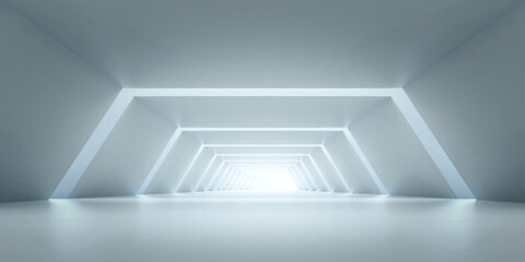 Abstract Futuristic tunnel. Sci-fi Long Light Corridor concept.  Empty Modern Future white background. 3d rendering